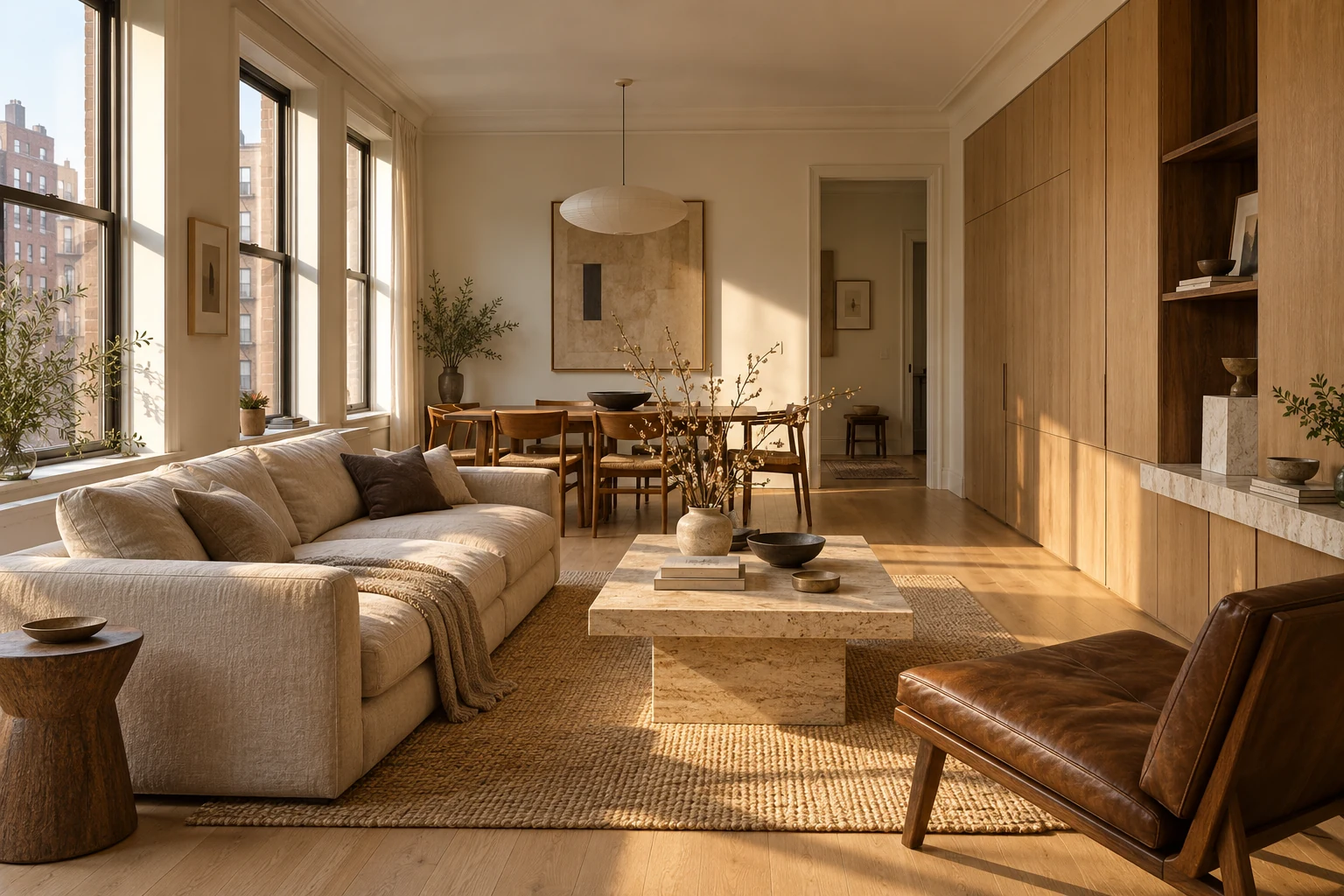 AI interior concept, not a built project: oak cabinetry and soft daylight.