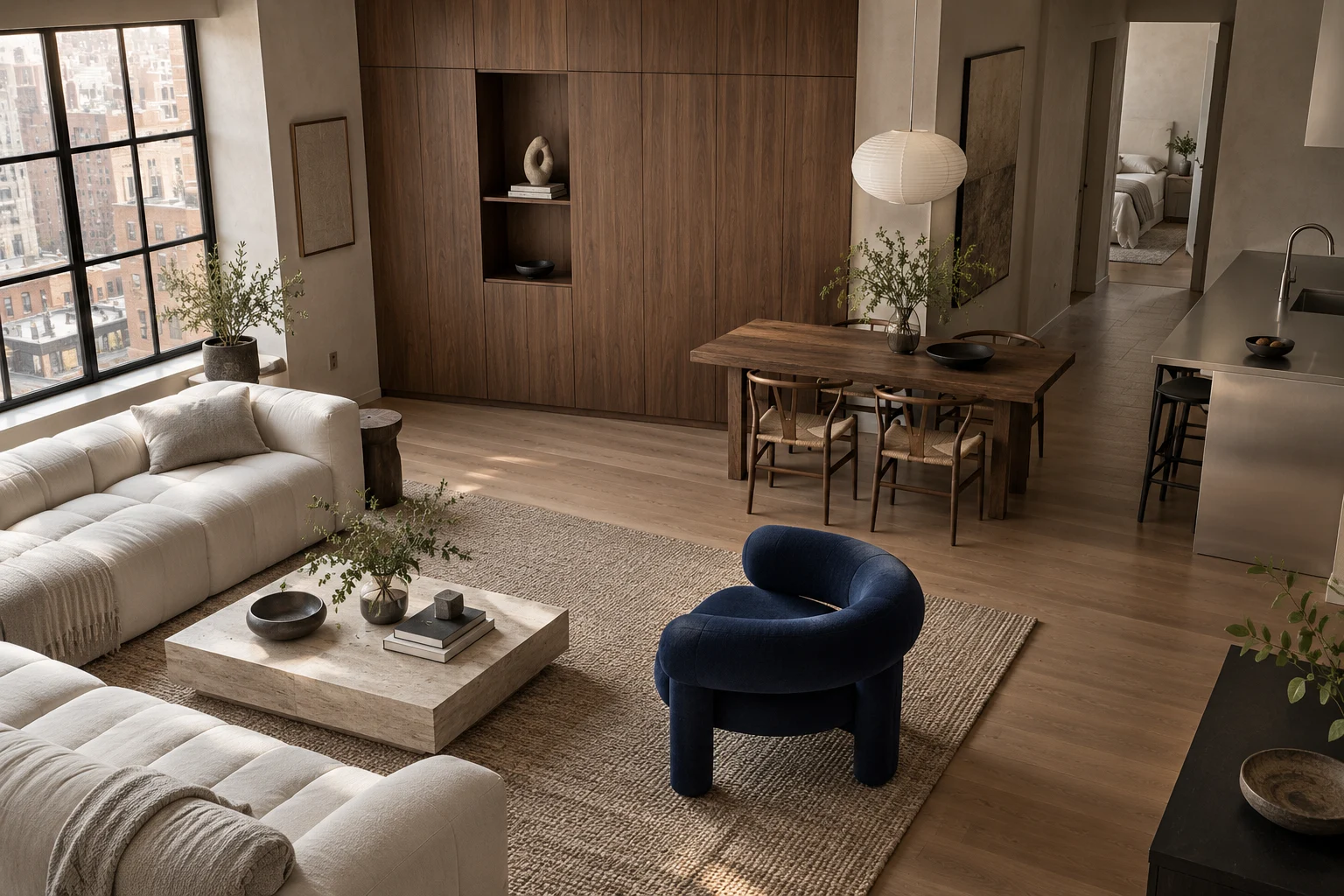 AI interior concept, not a built project: walnut cabinetry, a steel kitchen and a cobalt lounge chair in a compact apartment.